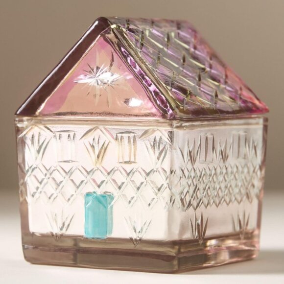Anthropologie Snowflake House Spice‎ Evergreen Embers Cut Pink Glass Candle - Picture 1 of 3